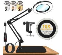 10X Magnifying Glass with Light and Stand, Dimmer Adjustable Swing Arm 2-in-1 Desk Lamp and Clamp, LED Lighted Desk Magnifier with Light for Craft Reading Repair Painting Close Work