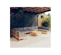 11-delige Loungeset met grijze kussens massief grenenhout3097192