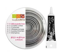 11 emporte-pièces ronds en inox + Stylo de glaçage noir Scrapcooking