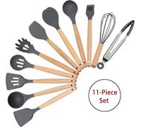 11 Pcs Set d'Ustensiles de Cuisine, Set d'Ustensiles de Cuisine en Silicone r?sistant ? la chaleur avec manche en bois dur anti-adh?rent/facile ? nettoyer/BPA free Cube de Soupe, Spatule, Fouet(Noir)