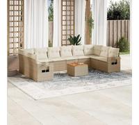 11-Piece Outdoor Patio Furniture Set with Cushions, Beige Wicker Resin Garden Sofa Set for Backyard, Terrace, Modular Sectional Seating Group with Side Table, Acacia Wood Tabletop, UV Resistant