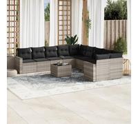 11-Piece Outdoor Patio Furniture Set with Light Gray Cushions, Wicker Resin Rattan Sofa Sectional, Modular Garden Lounge Set for Backyard, Poolside, Includes Storage, Tempered Table, UV Resistant