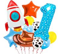11 Pièces Anniversaire 1 An Garcon Ballon Bleu Chiffres 1 Aluminium Ballons Cowboy, Vache Laitière Nuage, Fusée, Étoiles Ballon Pour Décoration Anniversaire Enfants