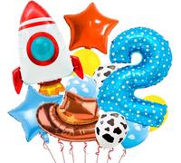 11 Pièces Anniversaire 2 Ans Garcon Ballon Bleu Chiffres 2 Aluminium Ballons Cowboy, Vache Laitière Nuage, Fusée, Étoiles Ballon Pour Décoration Anniversaire Enfants