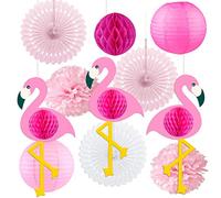 11 Pièces Décoration de Fête Flamant Rose Tropical - Éventails en Papier Suspendus, Lanternes Fleuries pour Anniversaire, Fête d'Été sur la Plage, Décoration Thème Hawaiïen