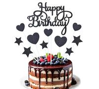 11 Pièces Decoration Gateau Anniversaire Noir, Happy Birthday Cake Topper, Topper Étoile Gateau Deco Gateau Coeur, Décoration de Gâteau pour Fille Garcon Fête Anniversaire Baby Shower Mariage (B)