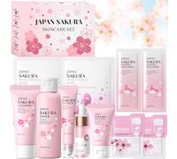 11 Pièces Sakura Ensemble de Soins du Visage,Sakura Coffret Soin Visage avec Toner,Nettoyant Visage,Sérum,Contour Yeux,Sérum,Sakura Skin Care Set Femme pour Adolescentes Fille Femmes