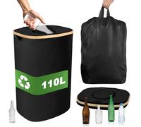 110L Poubelle Recyclage avec Couvercle & Sacs Transport, Rangement Bouteille Plastique & Verre Déchets, Collecteur Tri Sélectif avec Trou, Récipient Bouteilles Consignées pour Cuisine, Extérieur(Noir)