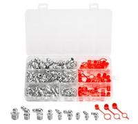 112 Pcs Assortiment de Graisseurs, M6 M8 M10 Raccords de Graisse, Filetés de Graisseur Hydraulique, Graisseurs Droit et Angle 45°/90°/180° pour Équipement Mécanique + capuchons anti-poussière rouge