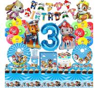 112 Pcs Pat' Dog Patrouille 3 an Anniversaire Vaisselle Kit,Patte Patrouille Enfants Décoration Danniversaire Ballon Vaisselle,Décorations de Table D'anniversaire Assiettes Ballon (3 Ans)