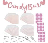 112 Pièces Accessoires Candy Bar Kits, Contient des sachets à bonbons et une pince à sucre, une pelle à glace et des autocollants, une décoration rose pour bar à bonbons