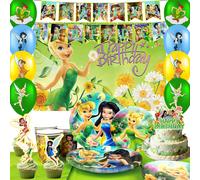 112 pièces de décorations d'anniversaire Disney Fairies - Décorations de fête Tinker Bell, bannière, ballons, assiettes, gobelets, etc. Fournitures de fête Tinker Bell 1 Pcs Cake Topper