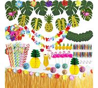 114 Pcs décorations de fête hawaïenne, jupe de table hawaïenne Luau, fleurs hawaïennes, guirlandes, feuilles de palmier, parapluies multicolores, ananas en papier, pour jungle, jardin, plage,tropicale