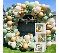 118 Pièce Decoration Anniversaire 1 An Garcon Fille,3 Boite a Ballon et 112 Kit Arche Ballon Vert Sauge,Ballon Anniversaire 1 An,Cube 1 An pour Decoration Anniversaire Jungle Deco Anniversaire Vert