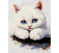 11Ct 40X50Cm Canevas Broderie Point De Croix Kit Complet Adulte Debutant, Chat Blanc Mignon Triste Aux Yeux Bleus,Compté Pré Imprimé Estampillé Moderne Débutant Avec Fils, Point De Broderie