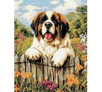 11CT Animal Diy Canevas Et Broderie Chien Saint-Bernard Grimpant Sur Une Clôture Kits De Point De Croix，Ensemble De Broderie Imprimé Compté Avec Aiguilles，Enfile-Ciseaux Pour Adultes D 30x40cm