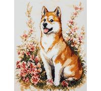 11CT Animal Diy Canevas Kit Complet Adulte Chien Akita Et Fleurs Kit De Broderie Estampé À Faire Soi-Même Pour Adultes，Projets De Point De Croix Pour Débutants，Travaux D'Aiguille Faits 50x70cm