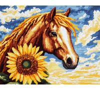 11CT Animal Diy Canevas Kit Complet Adulte Fleurs De Cheval Et De Tournesol Kits De Point De Croix Comptés Pour Adultes Débutants，Motifs Imprimés Estampés，Ensemble De Broderie Pour Déc 30x40cm