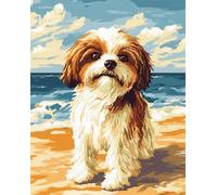 11CT Chien Animal Diy Canevas Kit Complet Adulte Shih Tzu De Bord De Mer Kit De Broderie Estampé À Faire Soi-Même Pour Adultes，Projets De Point De Croix Pour Débutants，Travaux D'Aiguil 40x50cm