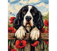 11CT Chien Animal Diy Kit Broderie Debutant Springer Spaniel Et Fleurs Rouges Kits De Point De Croix Estampés，Ensemble De Broderie，Travaux D'Aiguille À La Main Pour Débutants Adultes 80x100cm