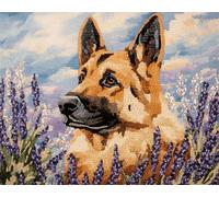 11CT Chien Animal Diy Kit Point De Croix Imprimé Berger Allemand Et Fleurs De Lavande Kit De Broderie Au Point De Croix Compté，Ensemble De Broderie Sur Tissu Pour La Décoration De La Ma 30x40cm
