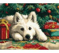 11CT Chien Animal Diy Point De Croix Kit Complet Samoyède Et Sapin De Noël Kit De Broderie Estampé À Faire Soi-Même Pour Adultes，Projets De Point De Croix Pour Débutants，Travaux D'Aigu 40x50cm