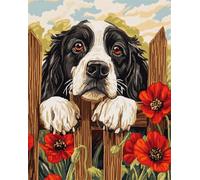11CT Chien Animal Diy Point De Croix Kit Complet Springer Spaniel Et Fleurs Rouges Ensemble De Broderie Pré-Imprimé，Travaux D'Aiguille À La Main，Kits De Point De Croix Estampés Pour Dé 40x50cm