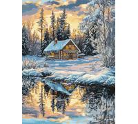 11CT Diy Canevas Kit Complet Adulte Paysage D'Aurore Boréale Dans Une Cabane De Neige Kits De Point De Croix, Ensemble De Broderie Imprimé Compté Avec Aiguilles, Enfile-Ciseaux Pour Adulte 30x40cm