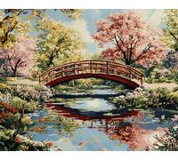 11CT Diy Kit De Broderie Paysage De Pont Japonais Et D'Arbres Fleuris Kits De Point De Croix Imprimés, Ensemble De Broderie Estampé Pour Adultes, Travaux D'Aiguille, Art Mural, Décoration 40x50cm