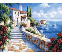 11CT Diy Kits De Broderie Paysage Fleuri D'Un Village De Pêcheurs En Bord De Mer Kits De Point De Croix,Ensemble De Broderie Imprimé Compté Avec Aiguilles,Enfile-Ciseaux Pour Adultes Début 40x50cm