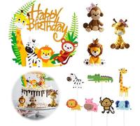 11PCS Décorations De Gâteaux Animaux, Jungle Cupcake Topper Decoration, Happy Birthday Gateau Anniversaire Jungle pour Fête D'anniversaire, Enfant Fille Garçon Anniversaire