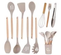 11PCS Ustensiles de Cuisine en Silicone, Ustensile Cuisine avec Porte-Ustensiles, Set Ustensile Cuisine Antiadhésifs avec Poignée en Bois, Cuisine Accessoires Passe au Lave-Vaisselle