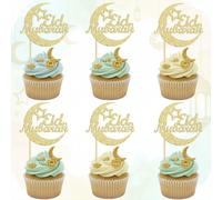 12/24 pièces Décorations de gâteau Eid Mubarak pailletées dorées, étoiles et lunes pour le festival islamique, piques à dessert Ramadan Kareem pour fournitures de fête musulmane Taille UniqueBambou