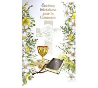 12-6012 Carte Sincères Félicitations pour ta COMMUNION Croix Chrétienne Catholique Bible Coupe Fleur Livré avec Enveloppe Format 12x19,5cm Papier écolabel FSC Gestion Durable Forêts Fabriqué en Europe