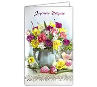 12-6015 Carte Joyeuses Pâques Fille Femme Bouquet Fleurs Printemps Tulipe Jonquille Narcisse Oiseau Livré avec Enveloppe Format 12x19,5cm Papier écolabel FSC Gestion Durable Forêts Fabriqué en Europe