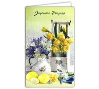 12-688 Carte Joyeuses Pâques Bouquets Fleurs Printemps Jonquille Narcisse Muscaris œufs Peints Cœur Livré avec Enveloppe Format 12x19,5cm Papier écolabel FSC Gestion Durable Forêts Fabriqué en Europe