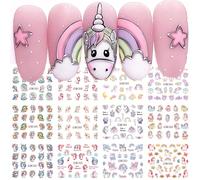 12 autocollants de nail art de motifs de dessin animé mignons à thème de licorne, de glaces et d'arc-en-ciel, motifs de translucide d'ongle de transfert d'eau d'été de printemps de décoration de manuc