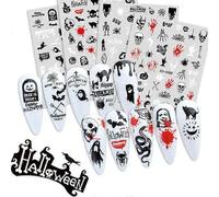 12 Autocollants Pour Ongles Halloween, Grands Crânes, Fantômes, Sorcières, Chauve-Souris, Citrouilles, Filets