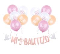 12 Ballons Mi Bautizo Baptême et Bannière Banderole Pailleté Papier Baby Shower Guirlande Bunting Banner DIY Décoration Suspendue Feston Fête pour Anniversaires Naissance Fille Garçon (B)