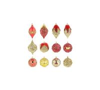 12 boules de Noël rouge et or à plumes et paillettes