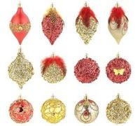 12 boules de Noël rouge et or à plumes et paillettes Rouge G