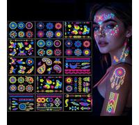 12 cartes Tatouage Phosphorescent Néon Tatouages Temporaires Tatouage à la lumière noire Fluo Reaction Art Corporel Pour Halloween Fête Fluorescente, Carnaval