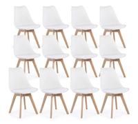 12 Chaises Tulipes Salle à Manger Scandinaves Bm Home Salle de Bureau, Pieds en Bois de Hêtre Massif, BLANCHES