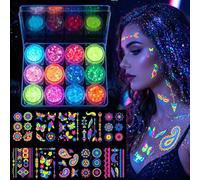 12 Couleurs Festival Paillettes Visage, Fluorescent Paillette avec 12 feuilles de tatouages néon pour le visages, Pailletts Corps et Matière Sécure Résistante Eau Festival Maquillage Carnaval