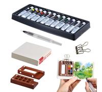 12 Couleurs Kit Aquarelle Miniature, Mini Palette Aquarelle de Poche de Voyage, Coffret de Peinture Portable avec Palettes de Peinture 8 Grilles, Stylo, Clip, Carnet de Croquis (B)
