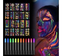 12 Couleurs Lavables Crayons de Peinture UV avec 20 feuilles de Tatouages Temporaires Lumineux, Crayons de Peinture Lumineux Maquillage, Bâton Peinture Corporelle Maquillage Fluo pour Festival