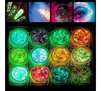 12 Couleurs Paillettes Visage Festival Paillette Maquillage Fluorescent Dans Le Noir Phosphorescent Cheveux Couleurs Lumineuse Paillettes Gel Holographique Set Fluorescent Paillette