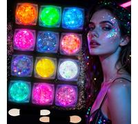 12 Couleurs Paillettes Visage Gel, Paillettes Fluorescentes pour Visage, Corps & Cheveux, Gel Maquillage Briller dans l’Obscurité pour Festival, Fête, Halloween, Carnaval & Noël