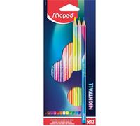 Maped - 12 Crayons de Couleur en Bois Nightfall - Forme Triangulaire - Excellente Prise en Main - Mine Tendre & Résistante - Couleurs Vives et Intenses - 12 Crayons de Couleur