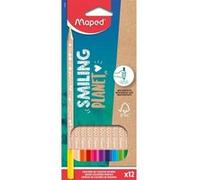 Maped - Crayons de Couleur Smiling Planet en Bois Naturel - 12 Crayons de dessin pour Enfants - Crayon Coloriage Triangulaire Ergonomique - Pochette de 12 Crayons Bois Certifiés FSC